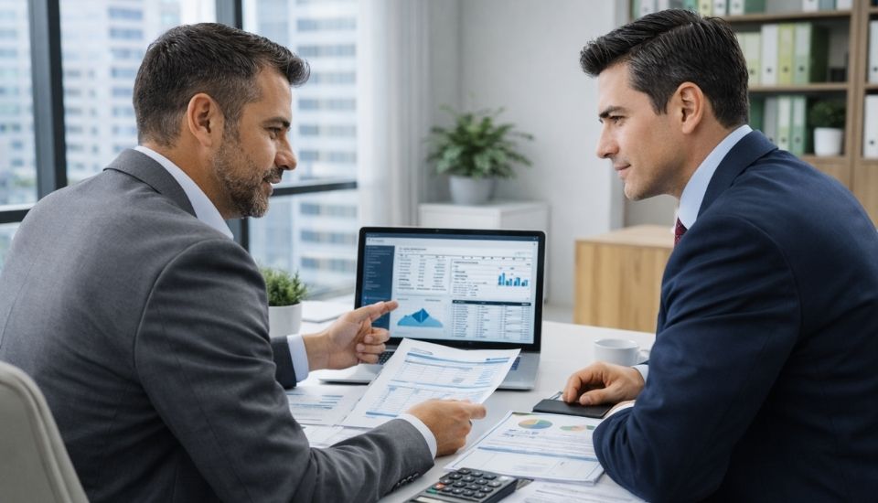 Escena empresarial profesional mostrando análisis financiero y fiscal mediante tecnología, equipo de trabajo revisando datos contables, gráficos y reportes digitales en pantallas, concepto de fiscalización basada en datos y análisis fiscal empresarial en México, ambiente corporativo moderno, iluminación natural, estética ejecutiva premium, composición horizontal, diseño limpio, tonos neutros y azulados, sin texto, sin logos, alta resolución